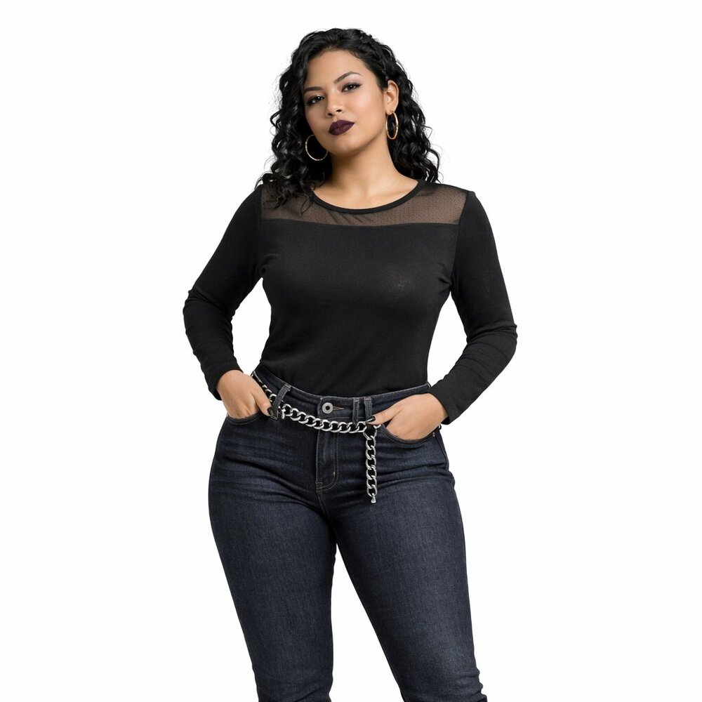 NWT Poof! Black Mesh Yoke Long Sleeve Top Sheer Shoulder Crew Neck Blouse Small